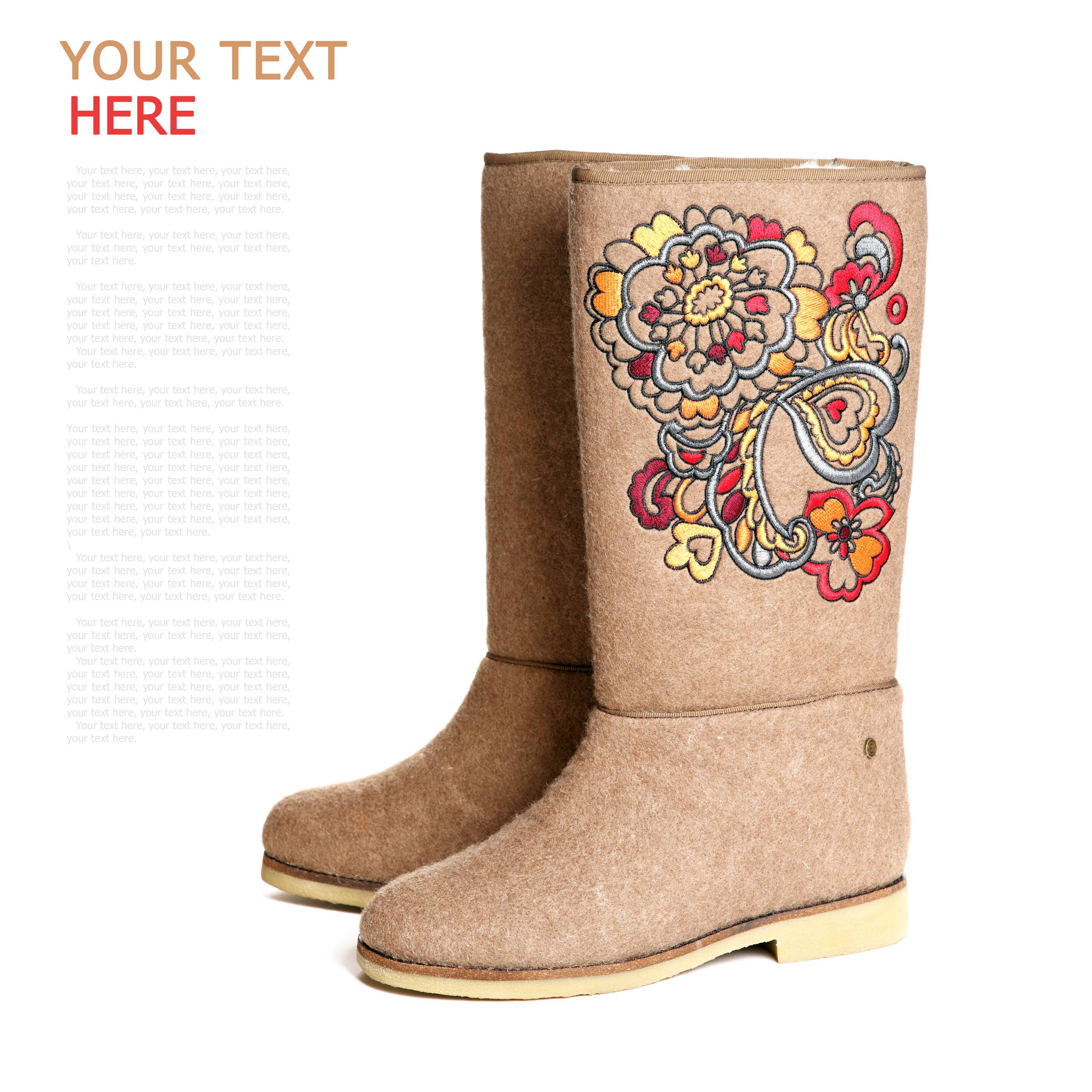 зимняя обувь, валенки, белый фон (с образцом текста)